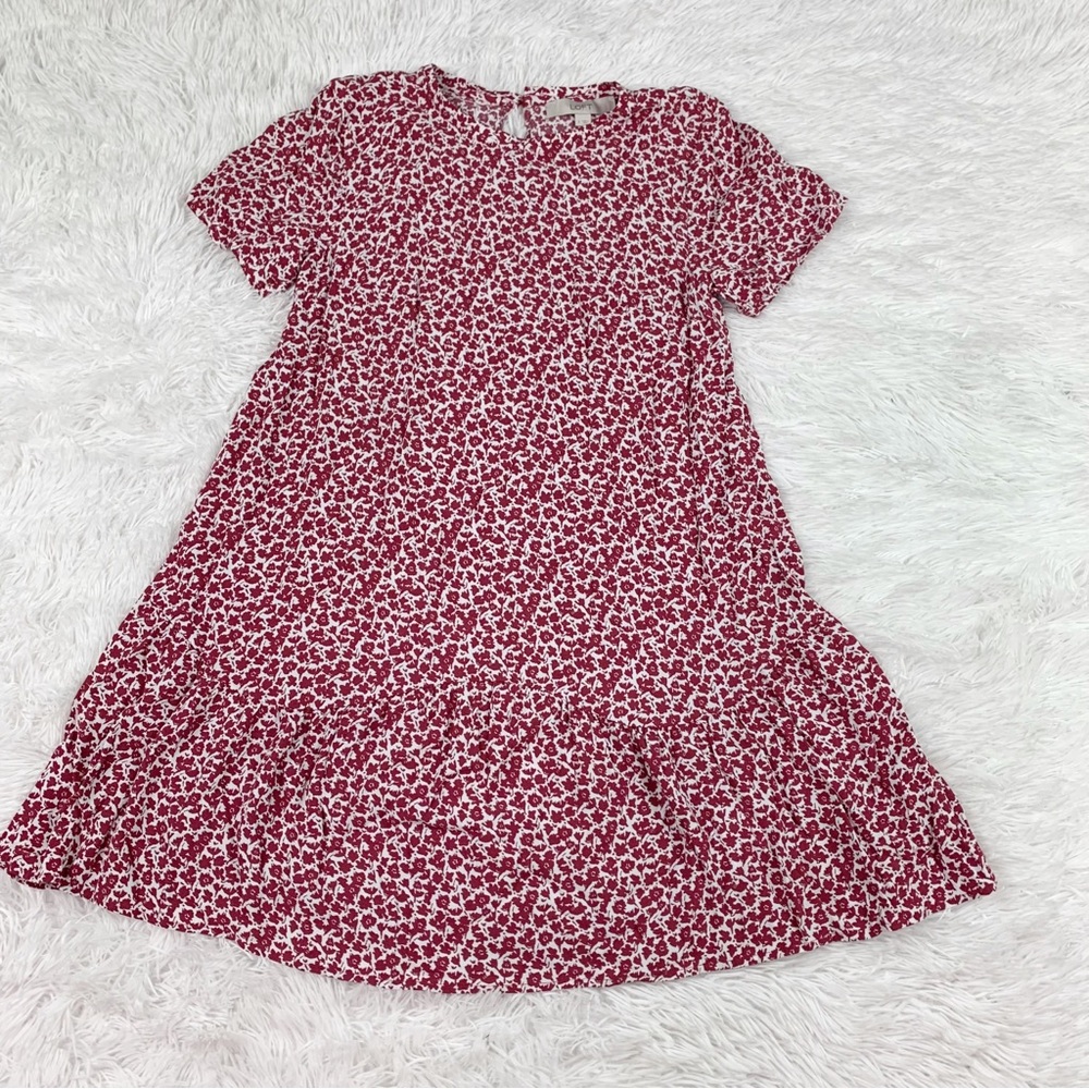 Loft short sleeve Floral Flounce Hem Swing Dress round red white casual